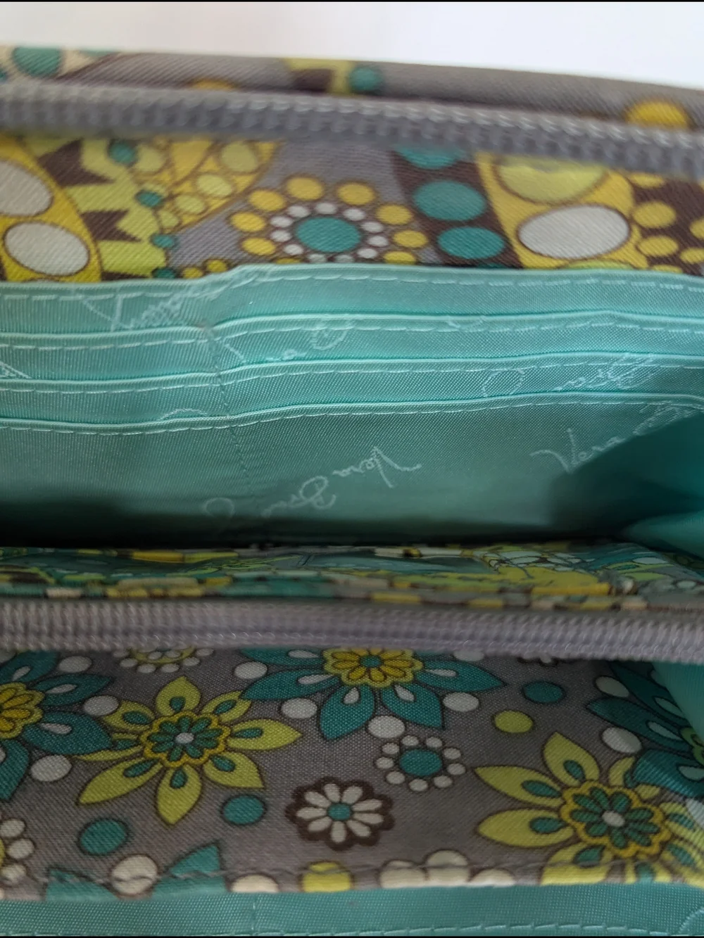 Vera Bradley Zip Around Wallet Paisley Floral Quilted Cotton Gray Yellow Blue